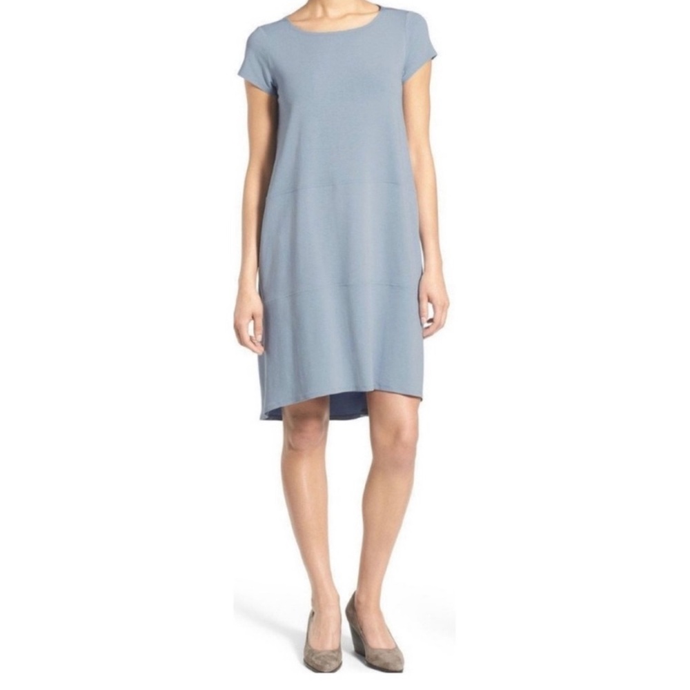 EILEEN FISHER Bateau Neck Cap Sleeve Dress Hi Low Size Medium Neutral Minimalist
